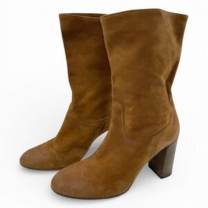 Free People Dakota Cognac Suede Boots Size 38 / 7.5 Mid Slouch Block Heel Italy